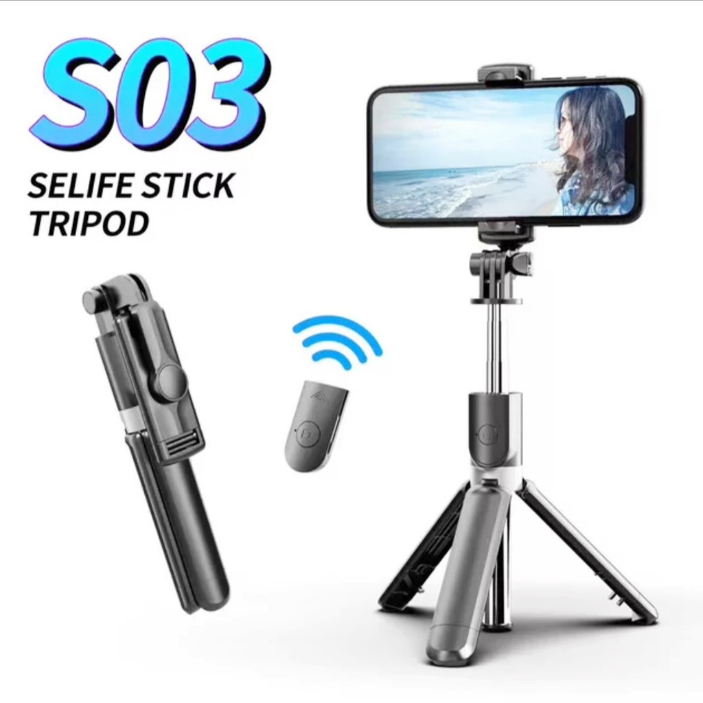 3IN1 Tongsis Bluetooth Magic + Tripod Selfie stick support ios android dudukan GoPro-S03