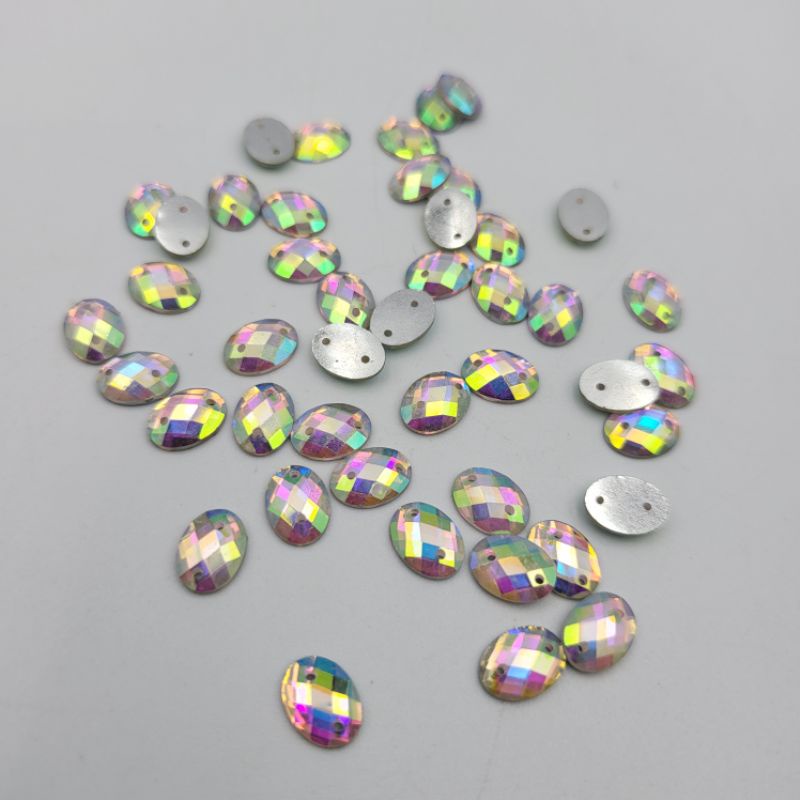 DIAMON RESIN KRISTAL MOTIF OVAL RATA UKURAN 8X10 WARNA PUTIH PELANGI AB KUALITAS AA BAGUS KILAU PER LUSIN