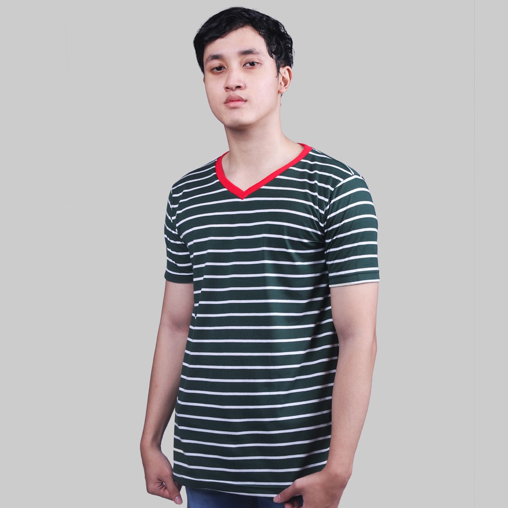 REFFERALL - Kaos Vneck Pria Stripe Hijau Putih / T-shirt Vneck Stripe / Kaos Salur
