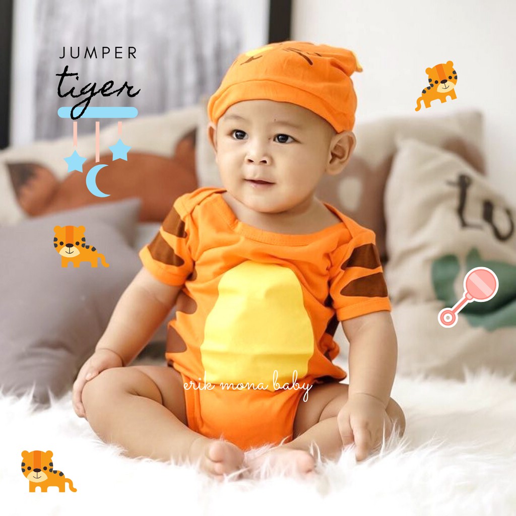 Ermon Baby - Baju Bayi Laki Laki Jumper Baby Cowok Lucu Karakter Macan Tiger + Topi usia 0 - 12 Bulan