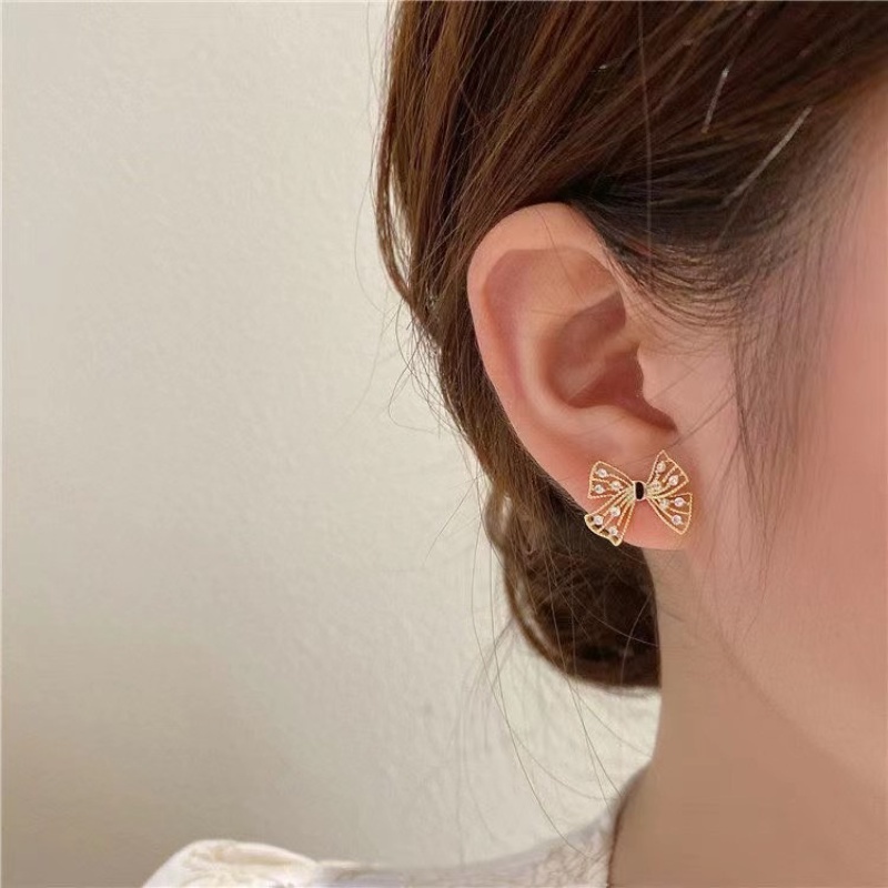 Anting Busur Berlian Berkilau Mutiara Berpohon Elegan Untuk Wanita Aksesoris Telinga Korea