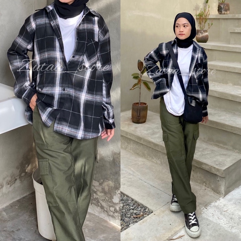 KEMEJA ANNA FLANEL OVERSIZE PREMIUM // KEMEJA SAKU AKTIF