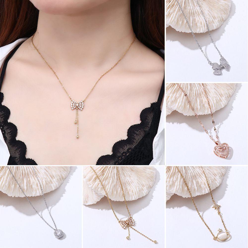 Kalung Nanas Liontin Sederhana Rantai Klavikula Rose Golden Silver Bow-knot