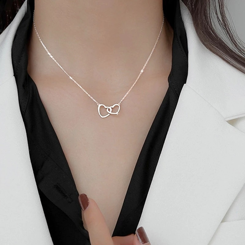 Kalung Choker Klavikula Dengan Liontin Bentuk Hati Ganda Geometris Gaya Elegan Untuk Wanita
