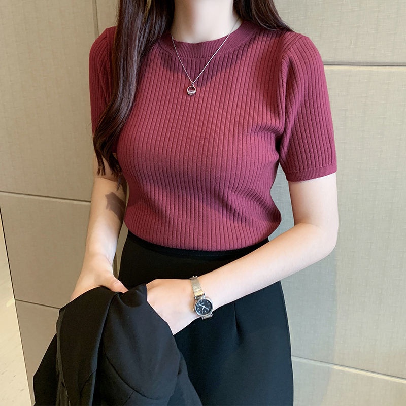 Kaos Rajutan O-Neck Lengan Pendek Warna Polos Gaya Korea Untuk Atasan Musim Panas Wanita