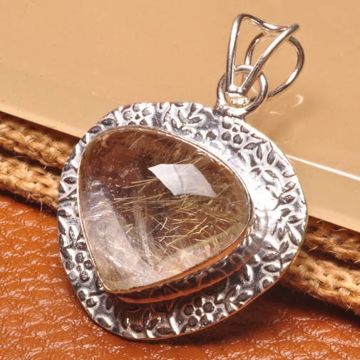 Natural Golden Rutilated Quartz Pendant 925 Sterling Silver Plated Over Solid Copper jWG130