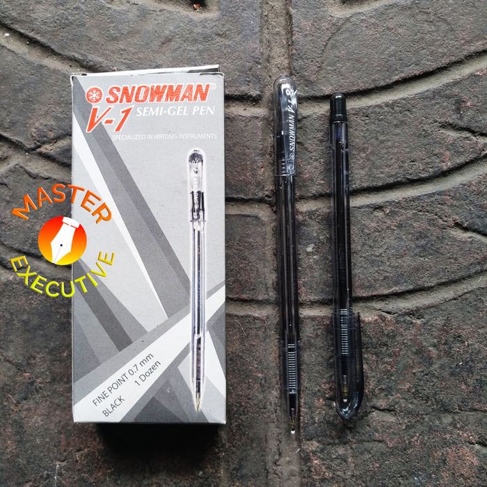 [Pak -12 Buah] Snowman V1 Black Hitam 0.7 mm / Semi-Gel Pen V-1 Bolpen