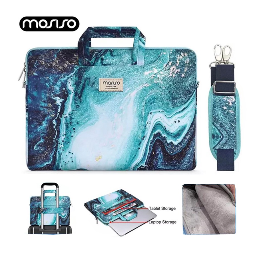 Tas Laptop Selempang Mosiso Shoulder Strap Blue Watercolor 13 14 15 16 inch