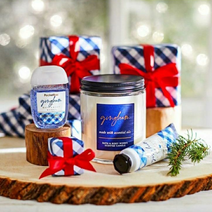 BATH &amp; BODY WORKS BBW GINGHAM MADE WITH ESSENTIAL OILS WHITE BARN 1 SINGLE WICK SCENTED CANDLE 198 G PENGHARUM RUANGAN