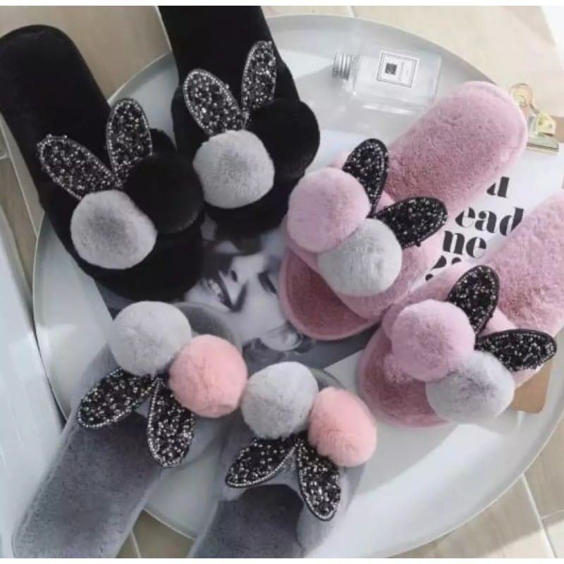 Sandal Wanita Sandal Korea Kokop Bulu Pom-pom Kelinci 36/40