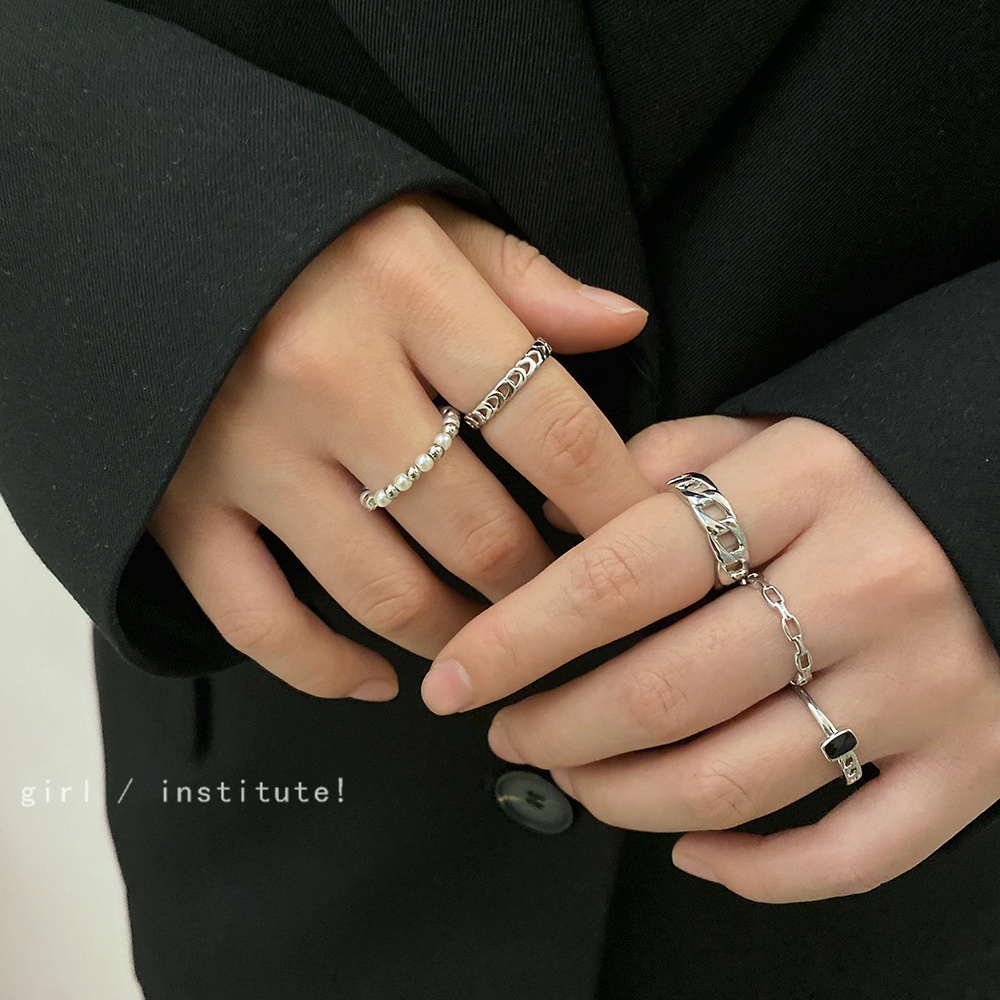 5pcs / Set Cincin Manik-Manik Mutiara Model Twist Hollow Warna Silver Untuk Wanita