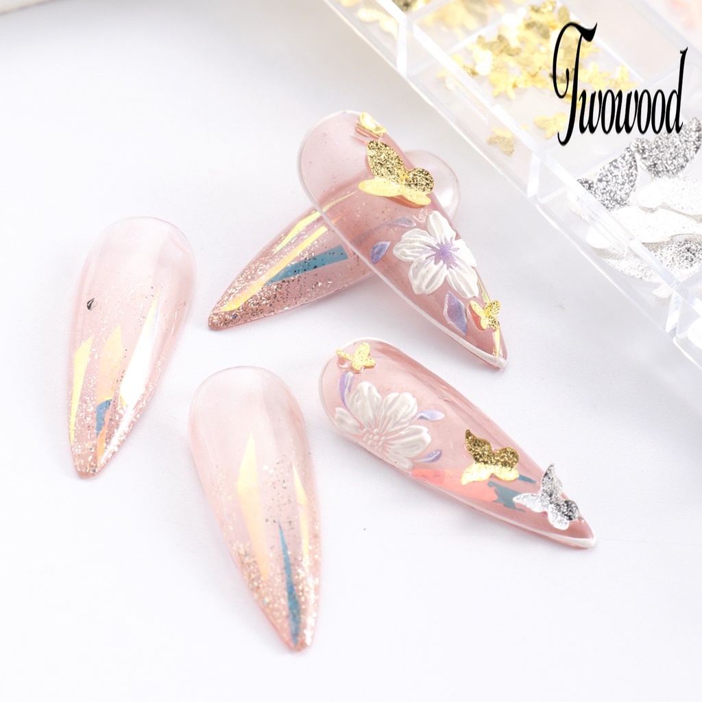 Twowood 1 Kotak Ornamen Kupu-Kupu Metal 3D Aksesoris Nail Art DIY Charms