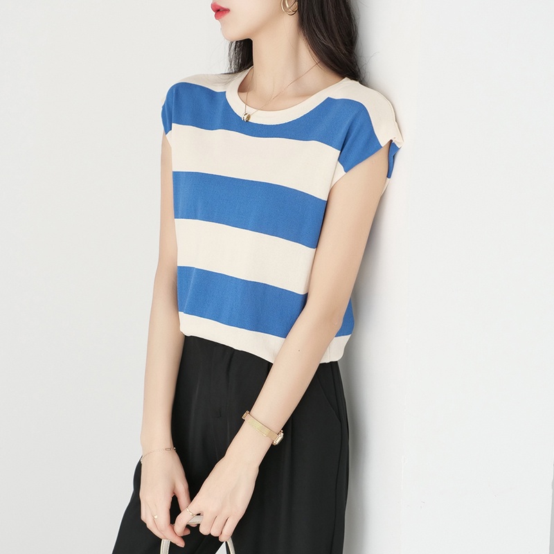 【Elegant】Korean Knit Round Neck Striped sleeveless T-Shirt 7481