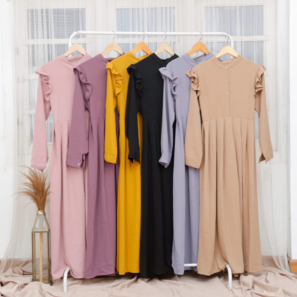 Shaly Midi Dress Ruffle | Dress Wanita Terlaris I Midi Dress Terkini I Bahan Crinkle