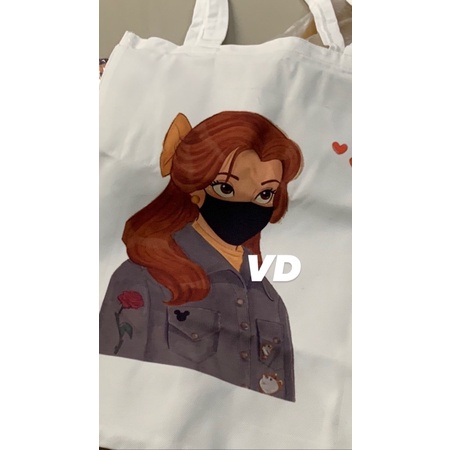 tote bag canvas disney wear mask / tas disney cute / totebag frozen elsa cinderella belle