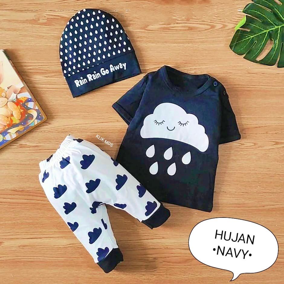 Baju setelan anak bayi laki-laki cowok perempuan murah bisa cod karakter rain go away free topi