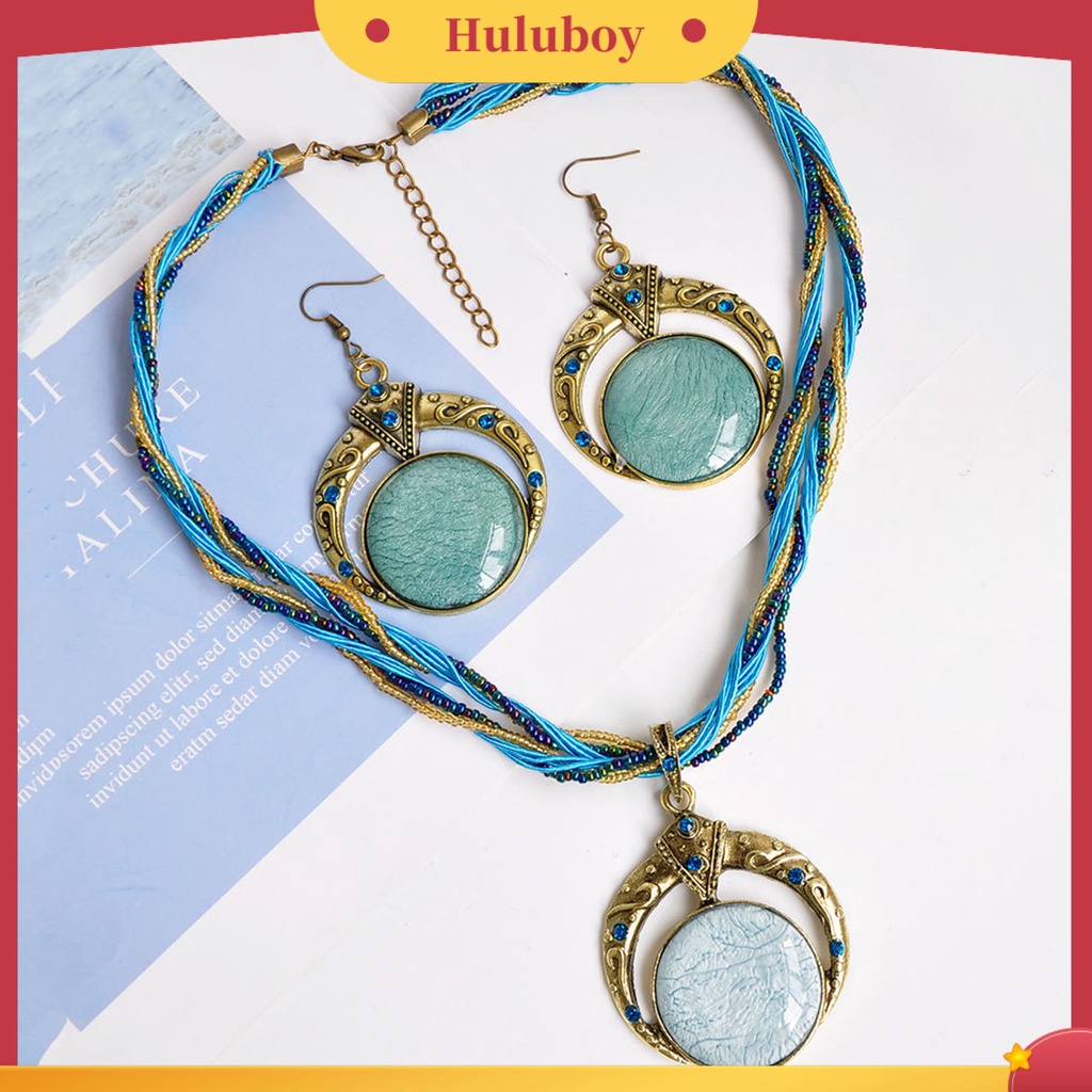 Hu Hu Hu Hu Hu Alat Bantu Pasang Kacamata♡ 2pcs / Set Anting Kait + Kalung Rantai Multisusun Pendan Ukiran Unik Gaya Boho