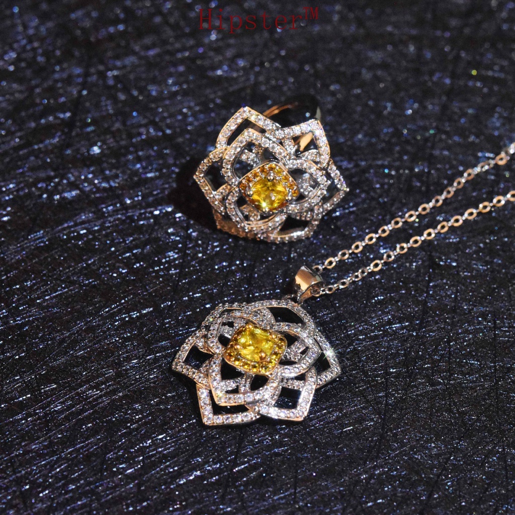 New Fashion Elegant Yellow Diamond Hollow-out Large Flower-Shaped Necklace Micro-Inlaid Flower Ring Set