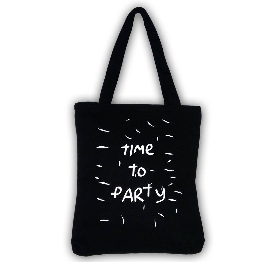 Tote Bag Kanvas Wanita dengan Resleting - Desain Aesthetic 'Time To Party Black' yang Stylish