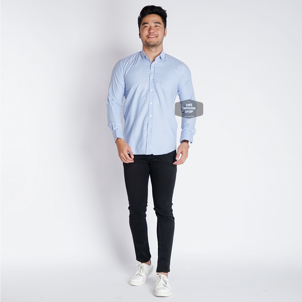 Kemeja Pria Lengan Panjang Polos Biru Muda Oxford Slimfit Casual Ada Ukuran Jumbo