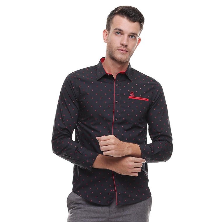 Johnwin - Kemeja Casual - Pria - Lengan Panjang - Hitam - Polkadot Merah