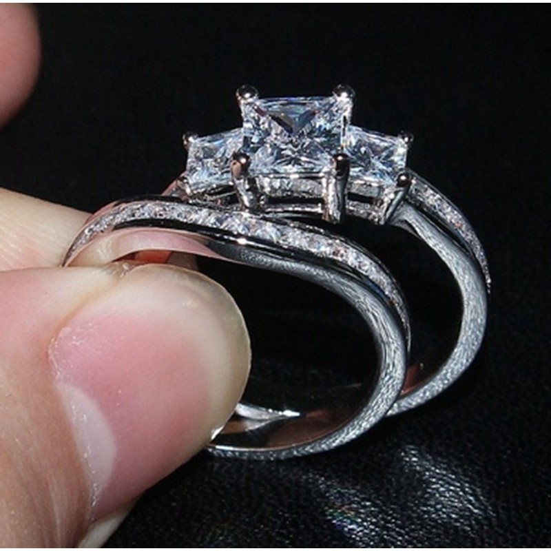 SEUSUK  Set Perhiasan Cincin Tunangan Hias Berlian Zircon Imitasi Bentuk Kotak untuk Wanita