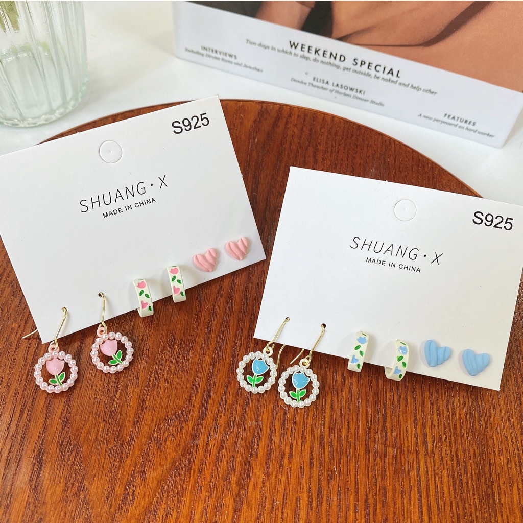 IFYOU 3pcs / set Anting Tusuk Gantung Desain Bunga Tulip Hias Mutiara Gaya Elegan / Vintage Untuk Wanita