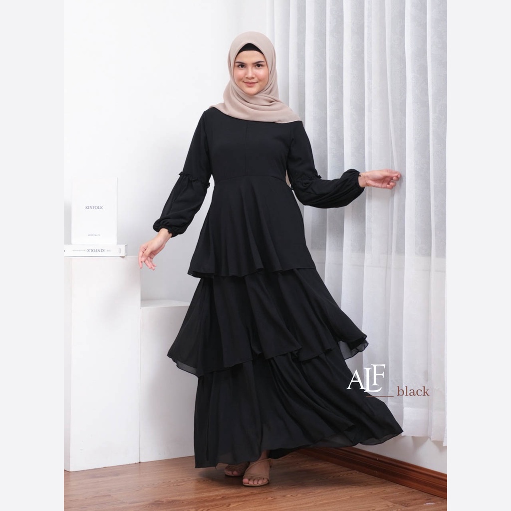 Jelita Dress Black by Alfaina Gamis Susun Hitam Ceruty Babydoll