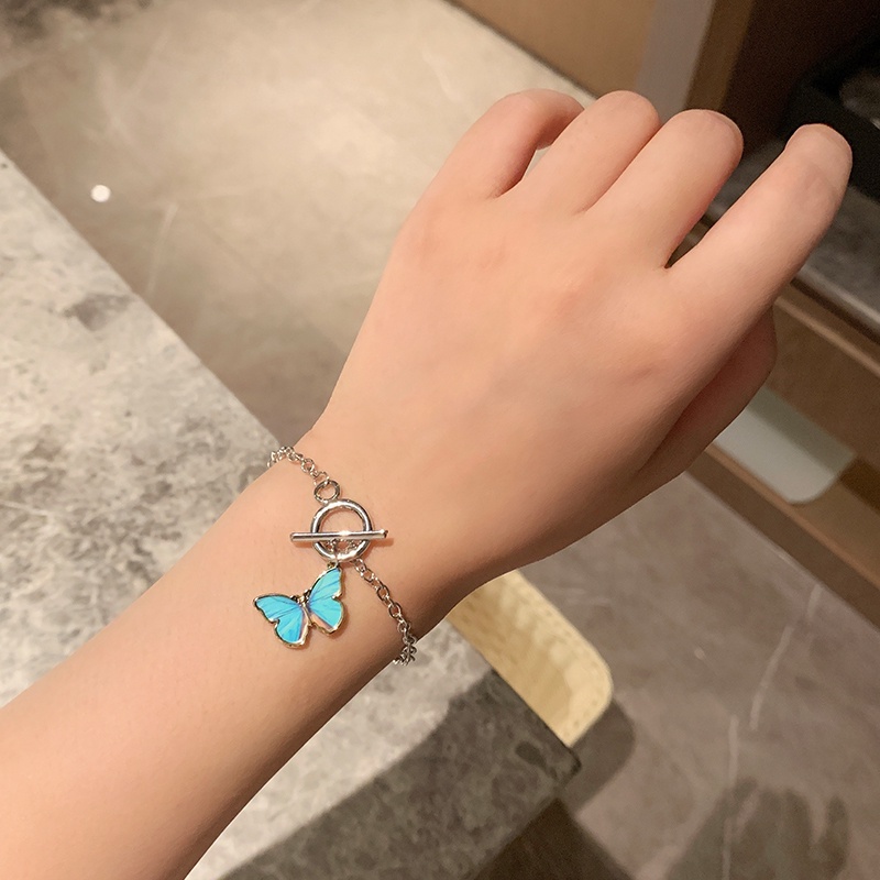 Gelang Tangan Rantai Aksen Kupu-Kupu Biru Simple Ala Harajuku / Retro Untuk Wanita