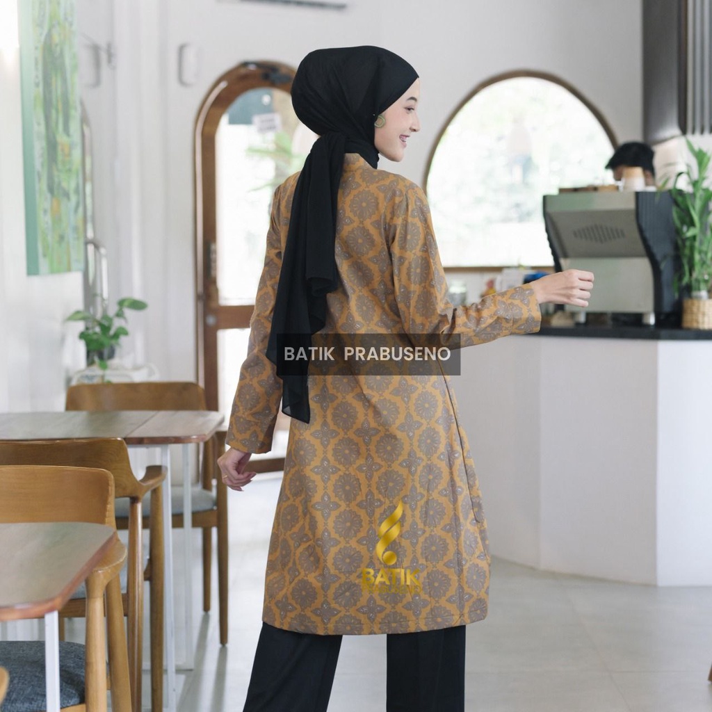 Atasan Tradisional Batik Prabuseno Original Motif HANUM KUNING Tunik Batik Wanita Lengan Panjang Model kekinian stylish dan elegan cocok buat kerja ngantor dan kondangan.
