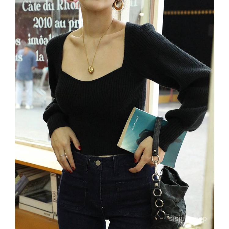 #Sisjuly# Wanita Rajutan Baru Leher Besar Leher Rendah Warna Solid Slim Fit Lengan Lentera Pullover