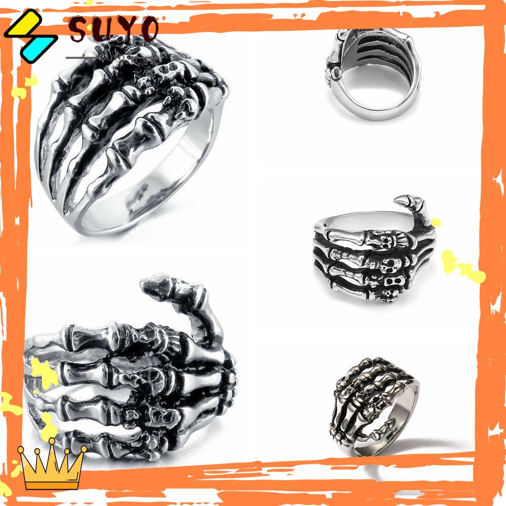 Cincin Bentuk Tangan Tengkorak Bahan Stainless Steel Gaya Vintage Gothic Punk Untuk Pria