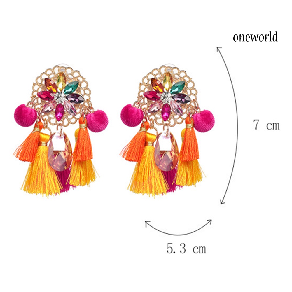 OW# Boho Women Rhinestone Tassel Pompom Dangle Stud Earrings Long Statement Jewelry