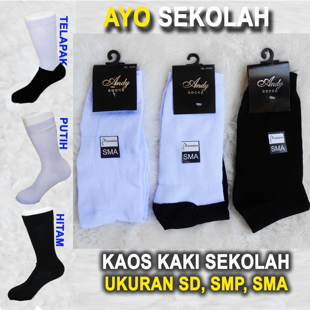 AD- Kaos Kaki Sekolah anak SD SMP SMA Wanita Pria Hitam Putih Polos Telapak Hitam Panjang Kaoskaki Murah