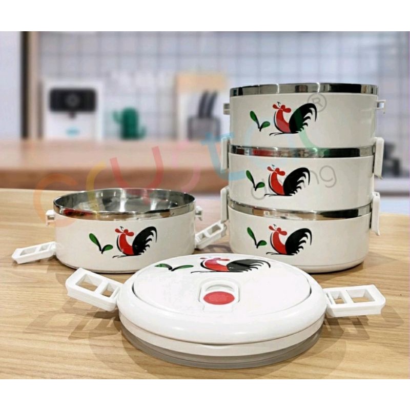 Rantang Stainless 4 Susun Motif Ayam Jago | Rantang Susun | Mangkok Susun | Rantang Stainless | Mang