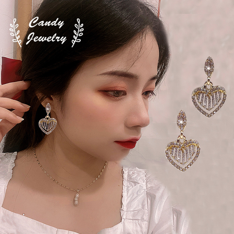 Korea Berongga Penuh Berlian Peach Jantung Studs Earrings Untuk Wanita Pribadi Perhiasan Permen Telinga