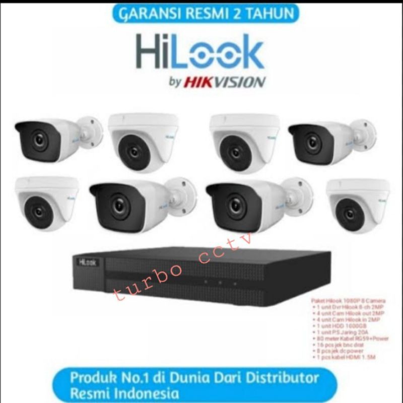 Paket CCTV 8 CH 8 Kamera Indoor &amp; Outdoor Hilook 2Mp 1080p plus HDD 1 TB WD