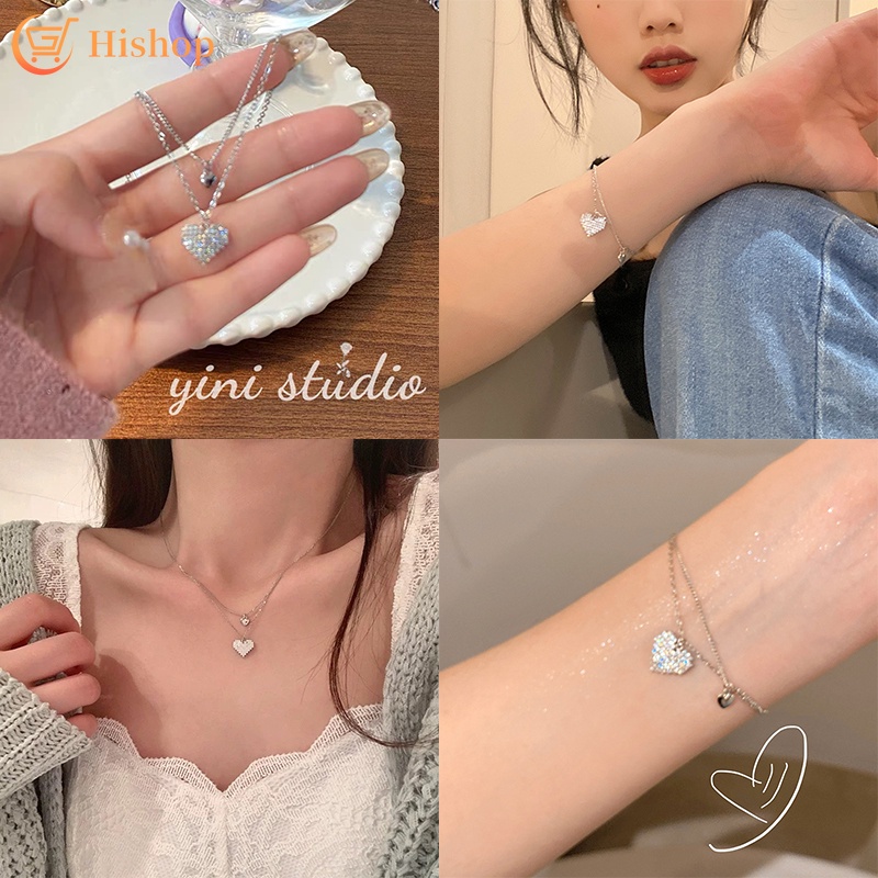 Kalung Choker Rantai Ganda Liontin Hati Aksen Kristal Warna Silver Untuk Wanita