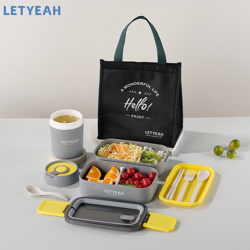 letyeah Lunch box set dengan mangkuk sup portabel /tas bekal set /1600ml kotak makan set /tempat bekal makan anti tumpah /BPA free