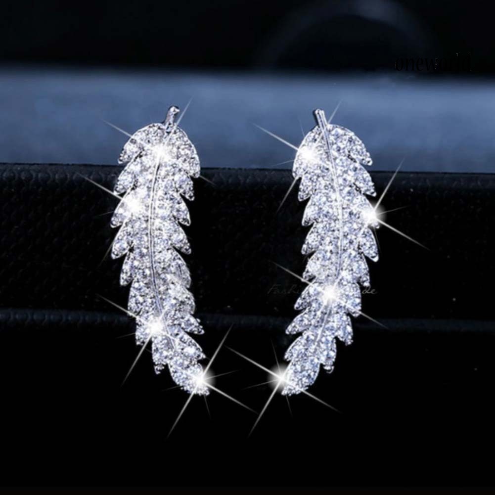 OW@ Women Full Rhinestone Inlaid Leaf Shape Stud Earrings Piercing Jewelry Gift