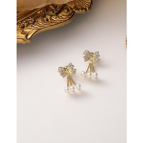 LRC Anting Tusuk Fashion Gold Color Bowknot Pearl And Diamond P33303