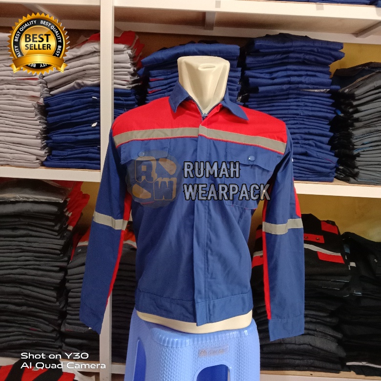 Baju Kerja/ Wearpack Proyek/ Seragam Kerja Atasan Biru Benhur Merah