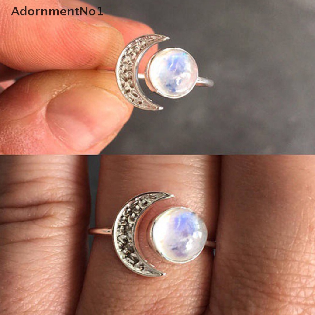 (AdornmentNo1) Cincin Terbuka Vintage Motif Bulan + Batu Opal + Kristal + Hollow Untuk Perhiasan Wanita