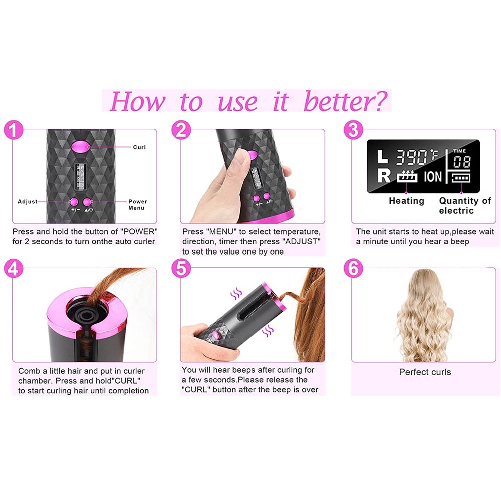 Cordless Automatic Hair Curler catok portable kerriting tanpa kabel - Hitam