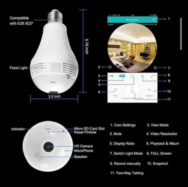 IP Kamera CCTV WiFi bohlam camera panoramic 360 bulb lamp  V380 bukan icsee