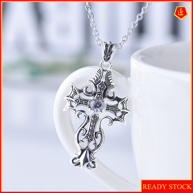 [Ready Stock]Creative Retro S925 Silver Black Cross Pendant Jesus Christ Diamond-Studded Necklace