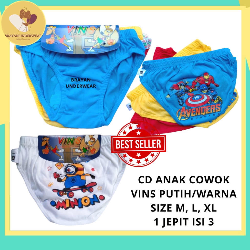 [ 1 PAK ISI 3 PCS ] CD ANAK COWOK VINS PUTIH/WARNA Ukuran M.L.XL - Celana Dalam Pakaian Dalam Anak L
