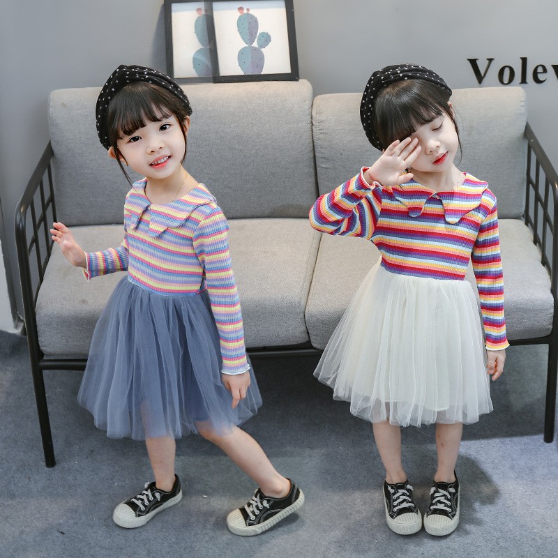 SALE DR60-Dress Anak Perempuan Lengan Panjang Rok Tutu Rainbow