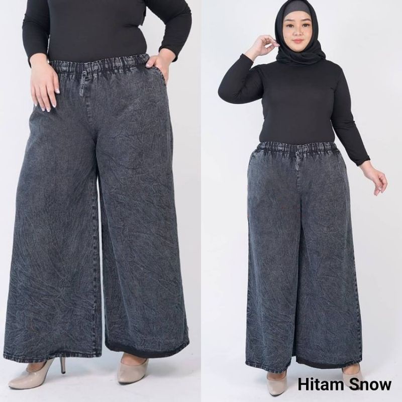 Celana Kulot Jeans Wanita - Kulot Jenas High Waist Baggy Pants Wanita Pinggang Karet Tali Depan