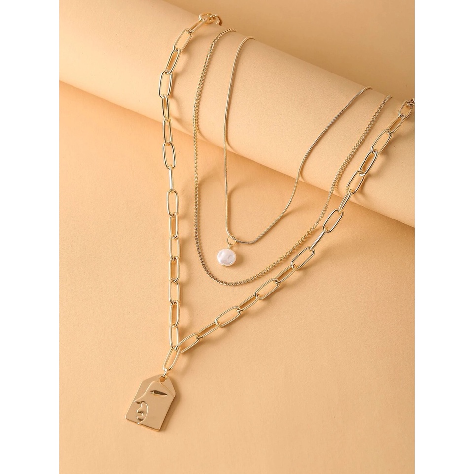 Kalung Multilayer Liontin Mutiara 3 Layer Rantai dan Liontin Wajah Lukisan Lucu Fashion Dalika